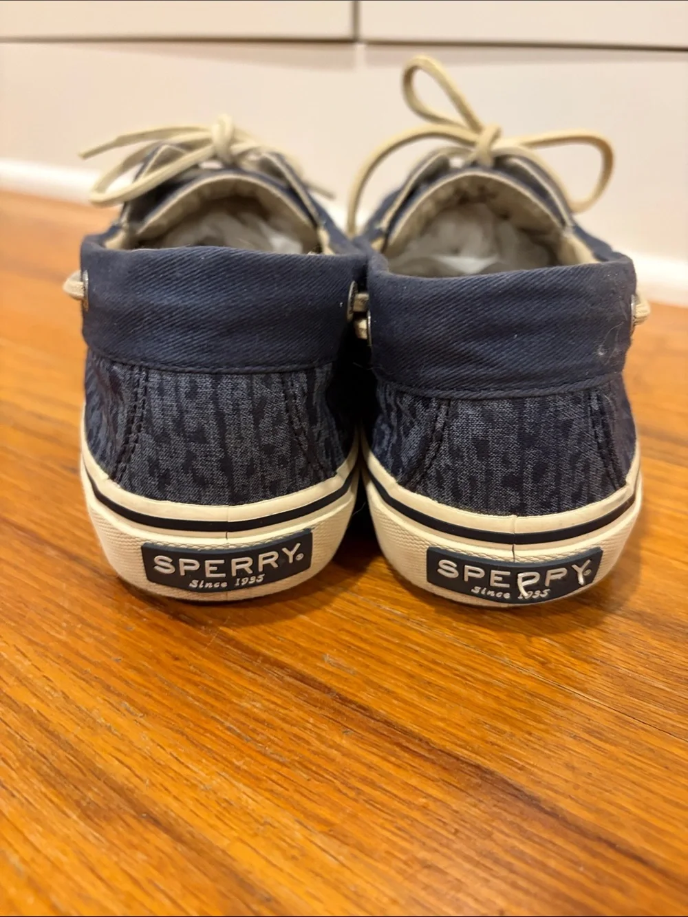 Sperry Navy Patterned Canvas Boat Shoes with Cream Laces